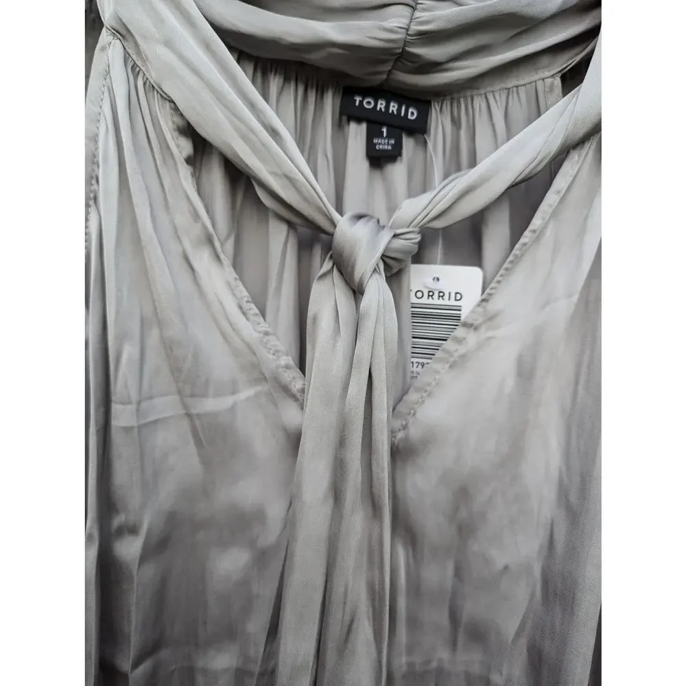 NWT Torrid Satin Silver Halter Tank Tie Front Blouse Plus Size 1X Work Office - Picture 3 of 4
